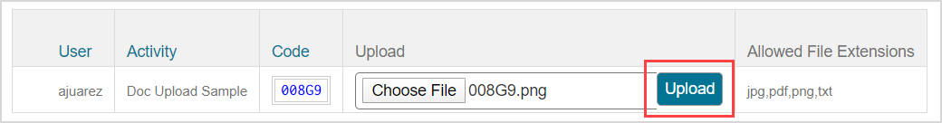 In the Upload column of the Document Uploads pane, a file is listed next to the Choose File button and the Upload button is highlighted.